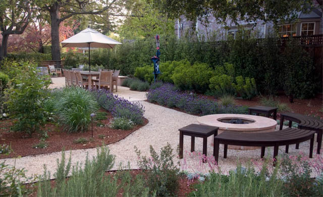 Garden Ideas, Landscaping ideas, pathway, walkway, Mediterranean Path, Verdance Fine Garden Design, Lavender,gravel path,fire pit, fire pit area, dining patio